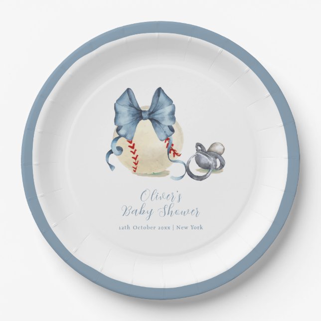 Blue Bow Pacifier Baseball Sport Baby Shower  Paper Plates (Front)