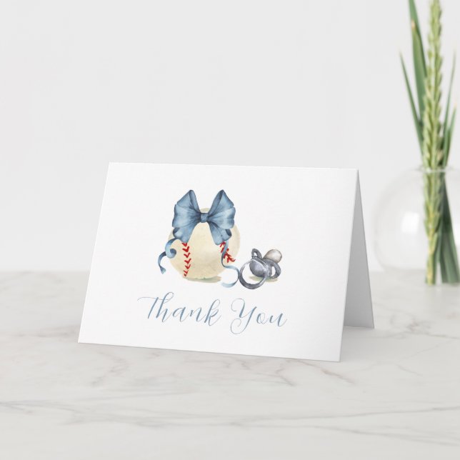 Blue Bow Pacifier Baseball Sport Baby Shower  Thank You Card (Front)