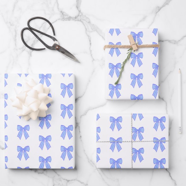 Blue bow pattern wrapping paper sheets (Front)