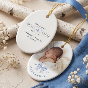 Blue Bow Personalized Baby Name Photo Birth Stats Ceramic Ornament