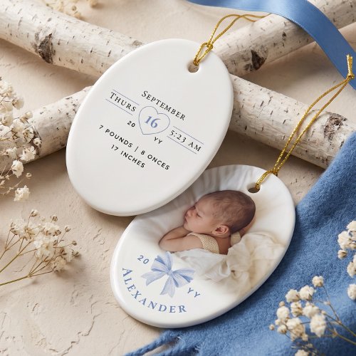 Blue Bow Personalized Baby Name Photo Birth Stats Ceramic Ornament