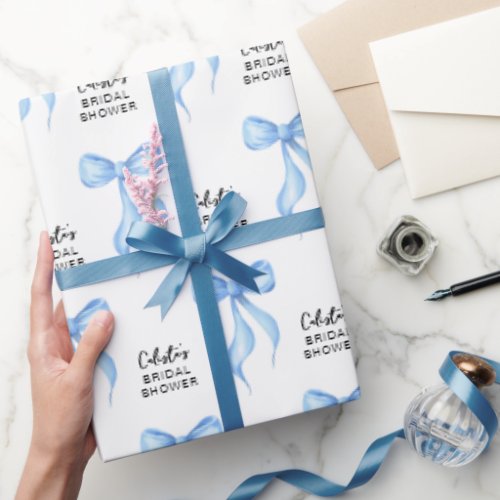 Blue Bow Personalized Bridal Shower Wrapping Paper