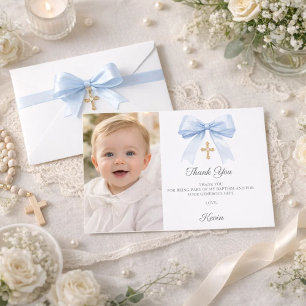Blue bow photo boy gold cross Baptism Thank You Card