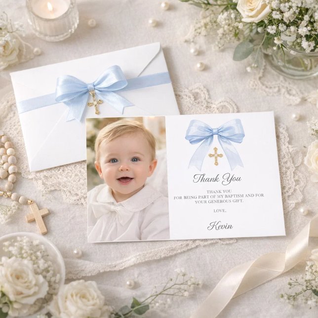 Blue bow photo boy gold cross Baptism Thank You Card (Creator Uploaded)