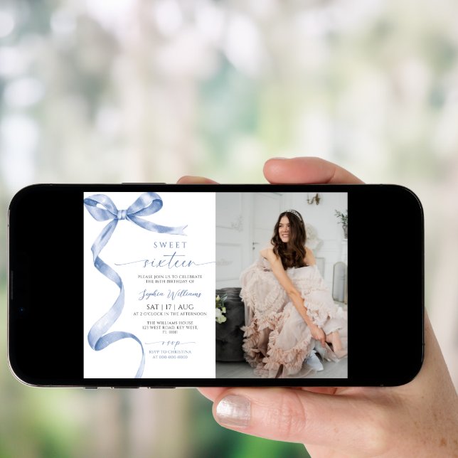 Blue Bow Photo Sweet 16 Birthday Invitation (Front Digital)