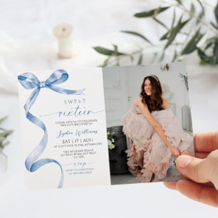 Blue Bow Photo Sweet 16 Birthday Invitation