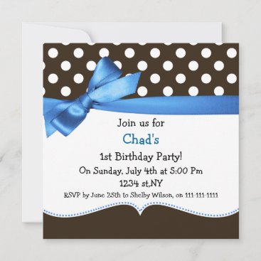 blue bow polka dots first birthday party invitation