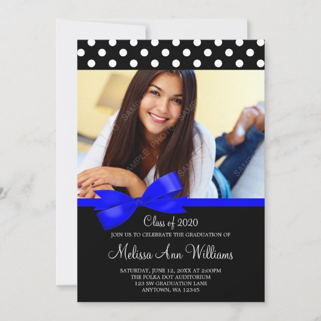 Blue Bow Polka Dots Photo Graduation Announcement (Front)