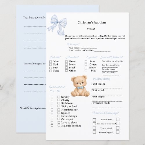 Blue Bow Predictions and advice game for Baptism