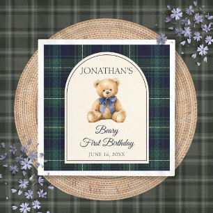 Blue Bow Preppy Teddy Bear 1st Birthday Napkins