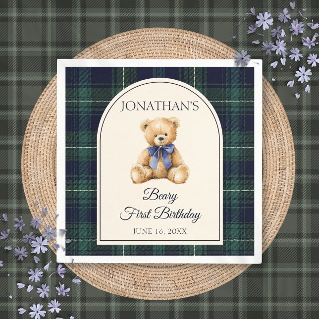 Blue Bow Preppy Teddy Bear 1st Birthday Napkins (Blue Bow Preppy Teddy Bear 1st Birthday Napkins)