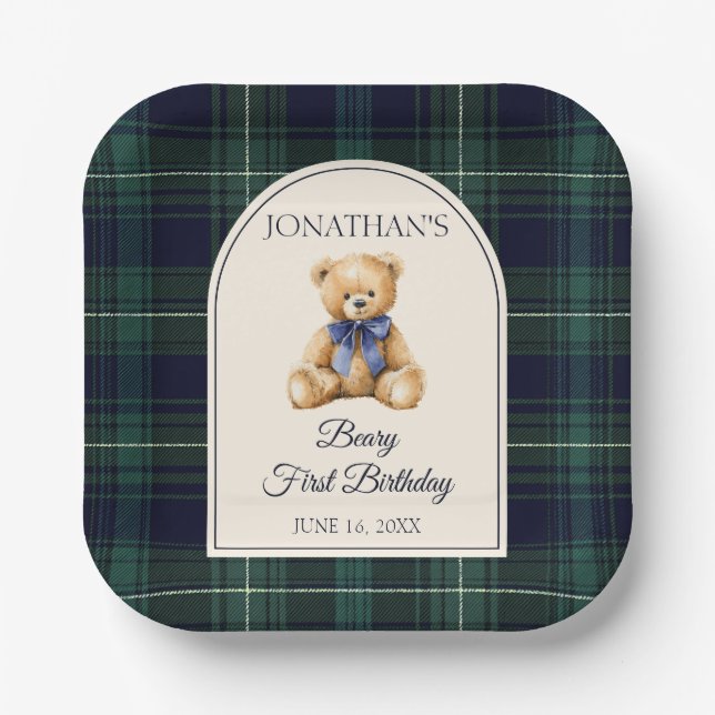 Blue Bow Preppy Teddy Bear 1st Birthday Paper Plates (Front)