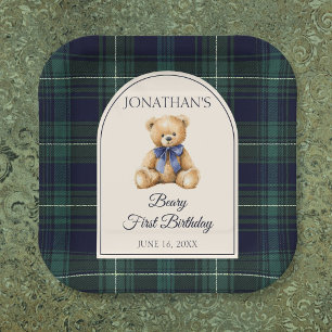 Blue Bow Preppy Teddy Bear 1st Birthday Paper Plates