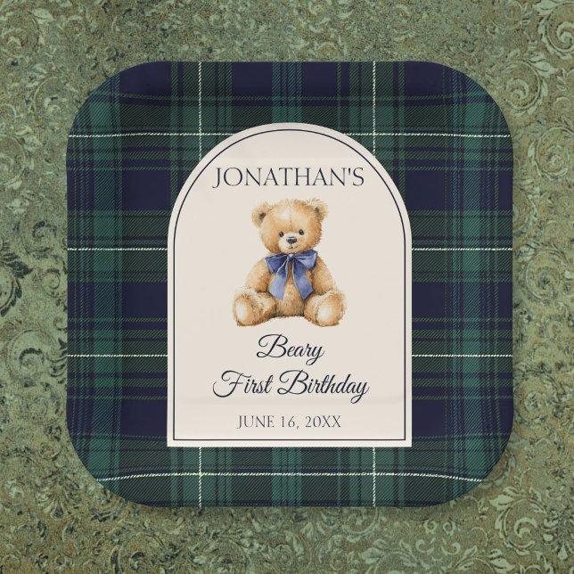 Blue Bow Preppy Teddy Bear 1st Birthday Paper Plates (Blue Bow Preppy Teddy Bear 1st Birthday Paper Plates)