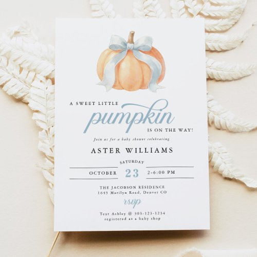 Blue Bow Pumpkin Baby Boy Shower Invitation