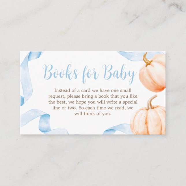 Blue Bow Pumpkin Baby Shower Books for Baby Enclosure Card (Front)