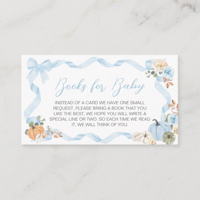 Blue Bow Pumpkin Baby Shower Books for Baby Enclosure Card (Front)