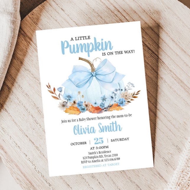 Blue Bow Pumpkin Baby Shower Invitation (Boy Bow Pumpkin Baby Shower Invitation)