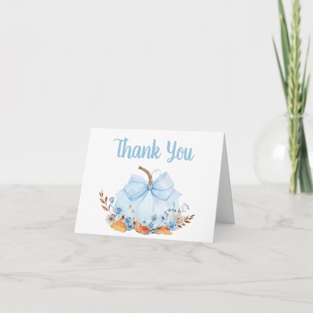 Blue Bow Pumpkin Baby Shower Thank You Card (Front)