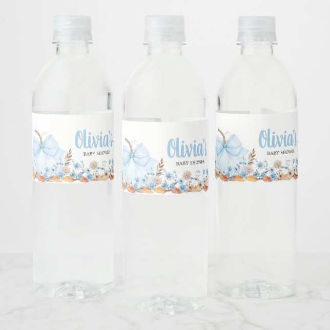 Blue Bow Pumpkin Baby Shower Water Bottle Label (Bottles)