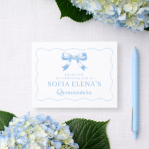 Blue Bow Quinceañera Thank You Letterpress Thank You Card