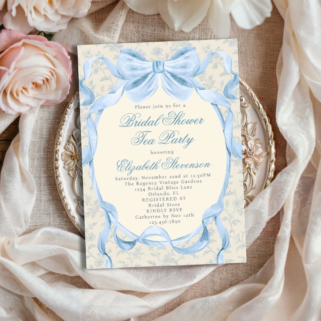 Blue Bow Regency Garden Tea Party Bridal Shower  Invitation (Creator Uploaded)