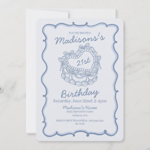 Blue Bow Retro Heart Coquette Cake 21st Birthday Invitation