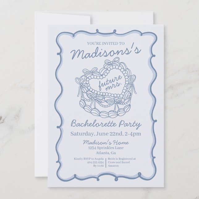 Blue Bow Retro Heart Coquette Cake Bachelorette Invitation (Front)