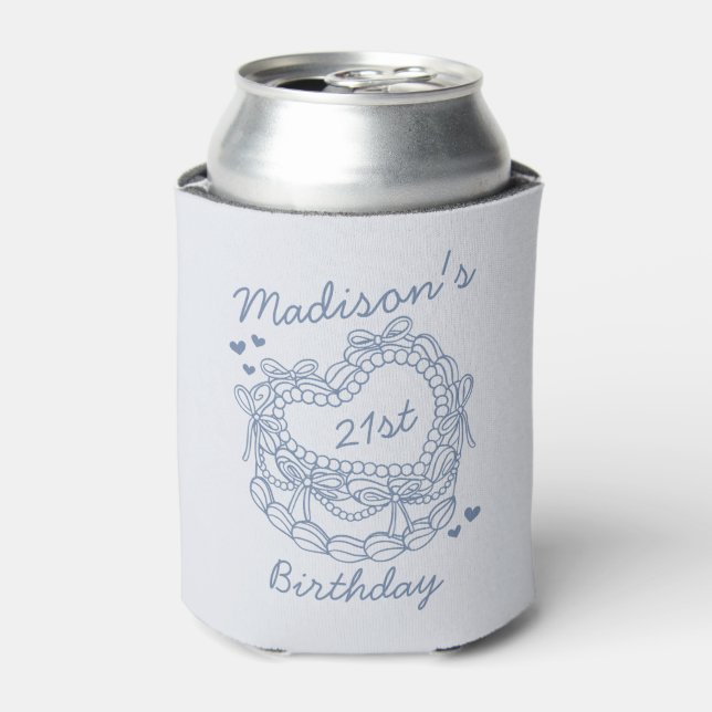 Blue Bow Retro Heart Coquette Cake Birthday Can Cooler (Can Front)
