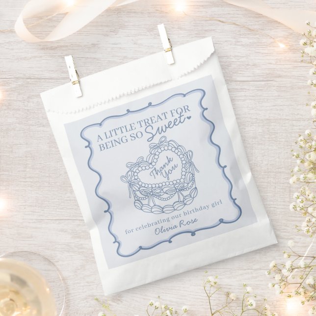 Blue Bow Retro Heart Coquette Cake Birthday Favor Bag (Clipped)