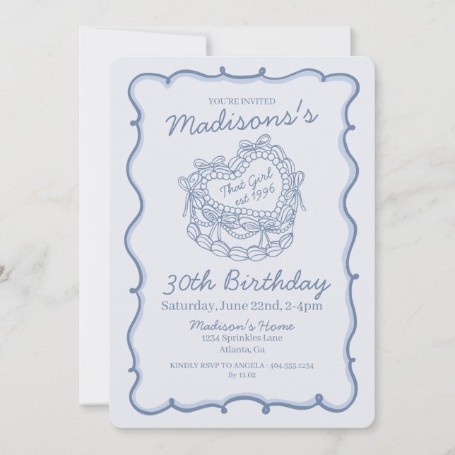 Blue Bow Retro Heart Coquette Cake Birthday Invitation (Front)