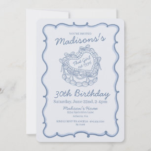 Blue Bow Retro Heart Coquette Cake Birthday Invitation