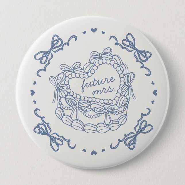 Blue Bow Retro Heart Coquette Cake Bridal Shower Button (Front)