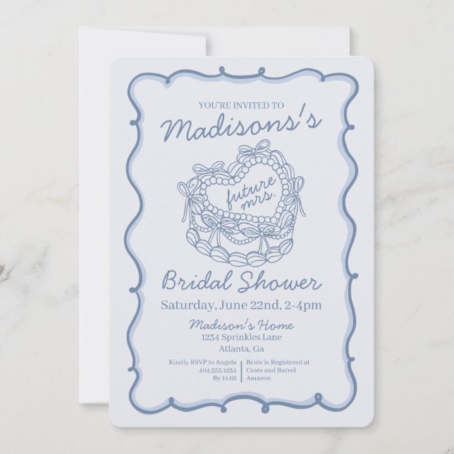 Blue Bow Retro Heart Coquette Cake Bridal Shower Invitation (Front)