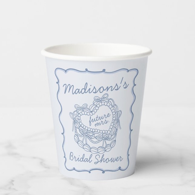 Blue Bow Retro Heart Coquette Cake Bridal Shower Paper Cups (Front)