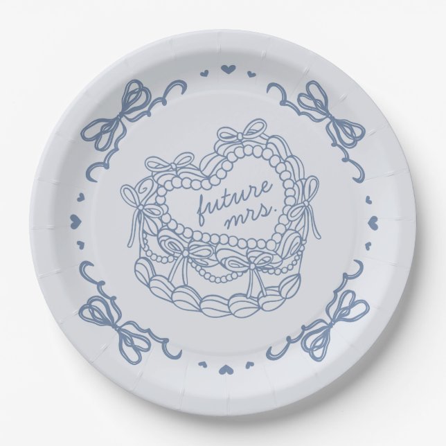 Blue Bow Retro Heart Coquette Cake Bridal Shower Paper Plates (Front)