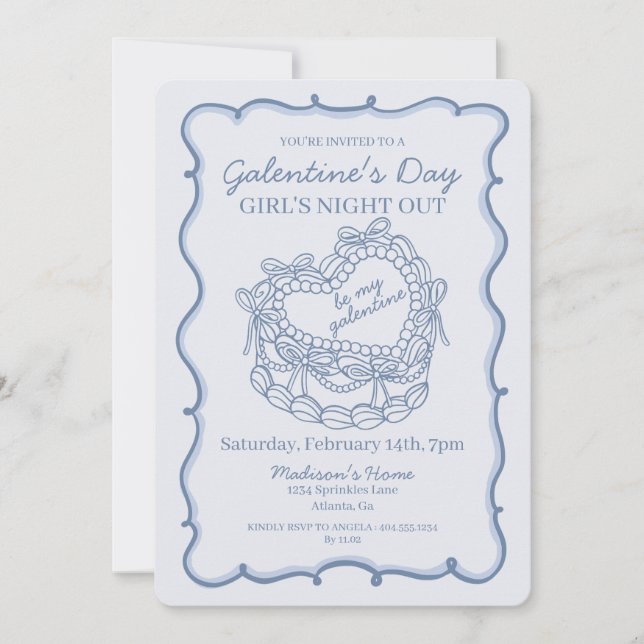 Blue Bow Retro Heart Coquette Cake Galentine Invitation (Front)