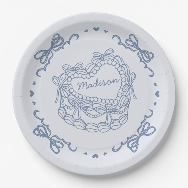 Blue Bow Retro Heart Coquette Cake Personalized Paper Plates (Front)