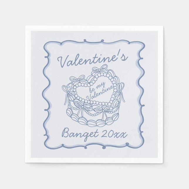 Blue Bow Retro Heart Coquette Cake Valentines Napkins (Front)