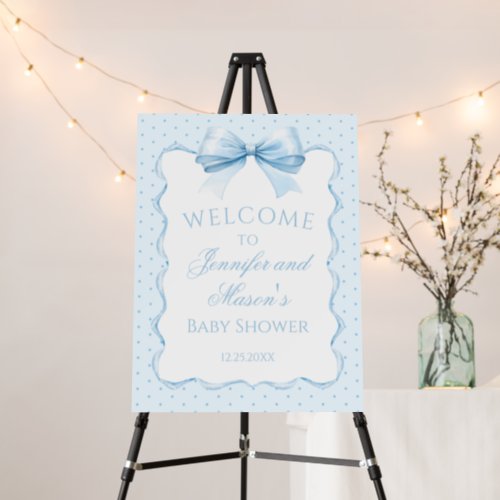 Blue bow ribbon baby boy shower welcome sign board