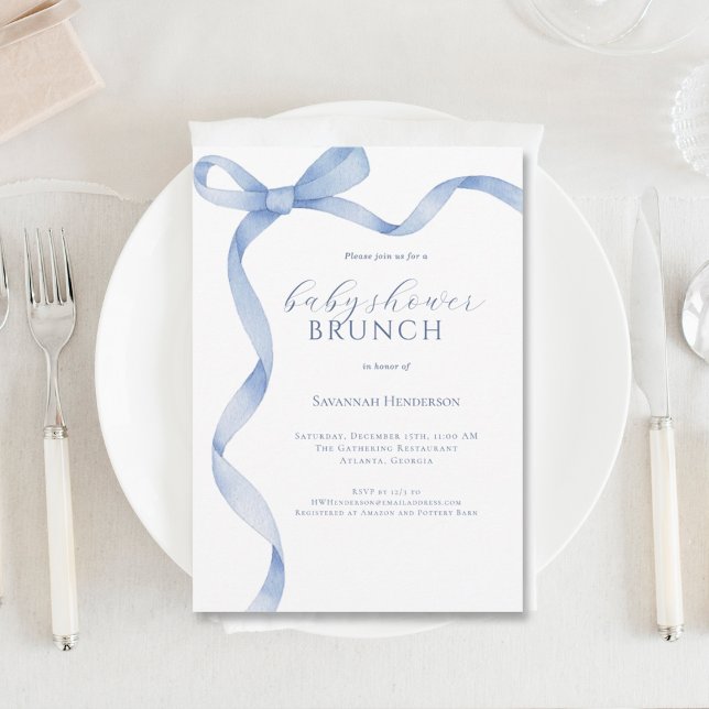 Blue Bow Ribbon Baby Shower Brunch Invitation (Creator Uploaded)