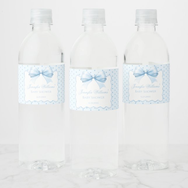 Blue bow ribbon baby shower water bottle labels (Bottles)