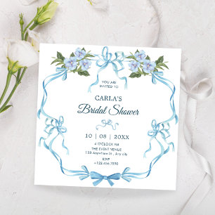 Blue bow ribbon floral bridal shower invitation