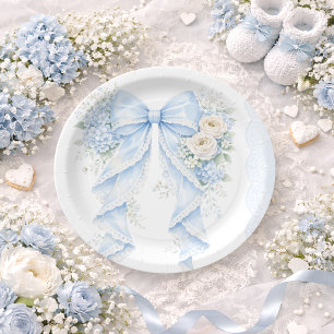 Blue Bow Ribbon Floral Lace Baby Shower Paper Plates