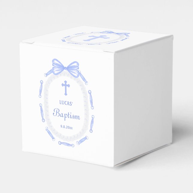 Blue Bow Ribbon Frame Baptism Cube Favor Boxes (Front Side)