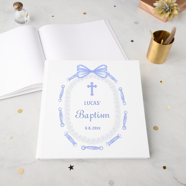 Blue Bow Ribbon Frame Baptism Guest Book (Front Open)