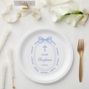 Blue Bow Ribbon Frame Baptism Paper Plates