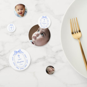 Blue Bow Ribbon Frame Baptism Table Confetti