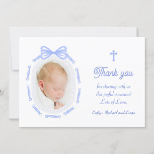 Blue Bow Ribbon Frame Baptism Thank You Card