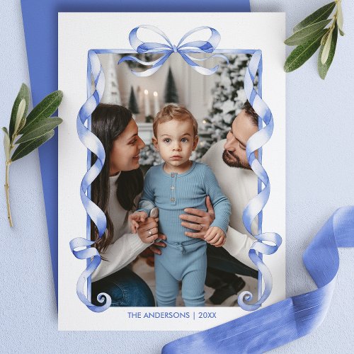 Blue Bow Ribbon Frame Christmas Family Photo Holiday Card